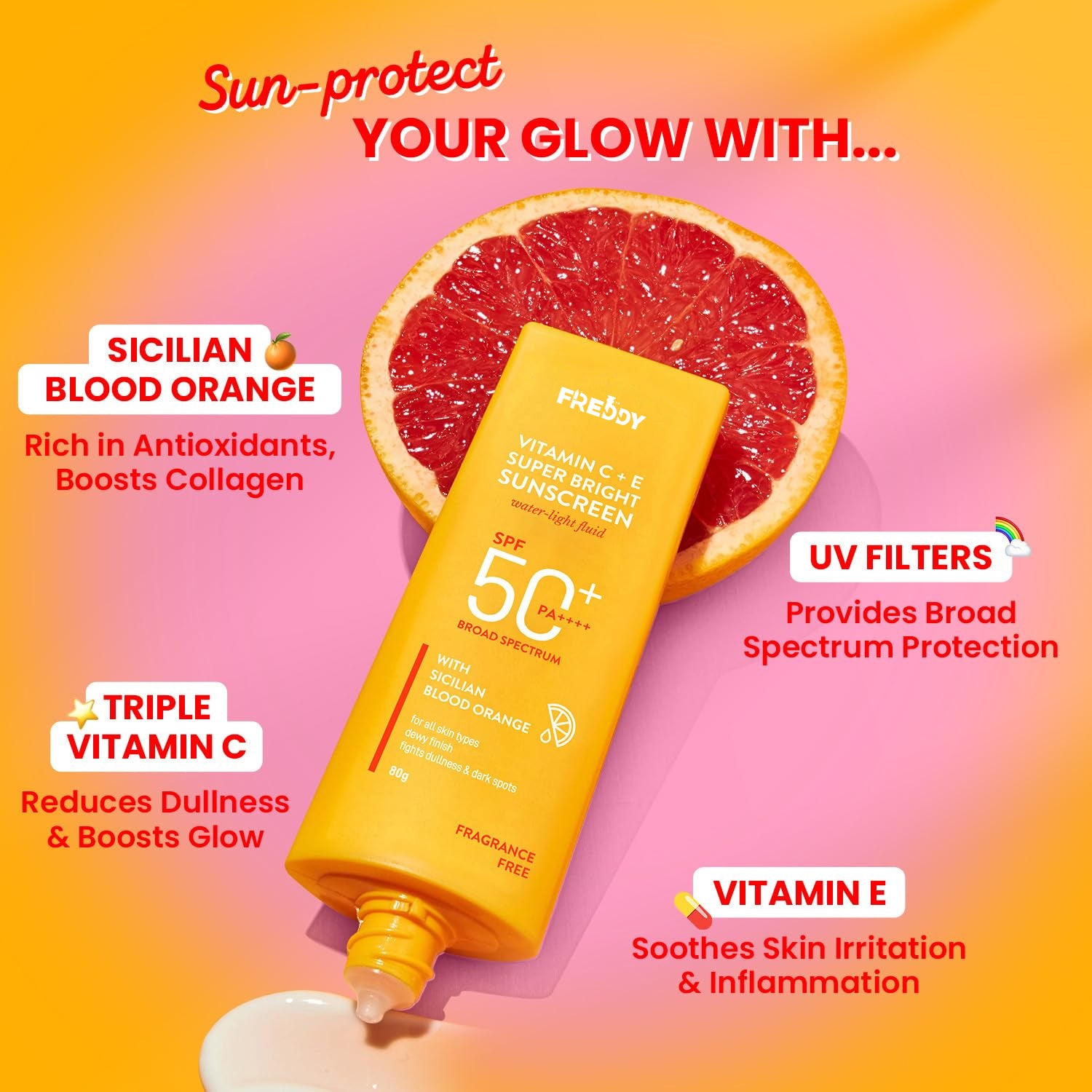 Freddy Vitamin C + E Super Bright Sunscreen SPF 50 PA++++ Water-Light, No White Cast, UVA/UVB + Blue Light Protection For Glowing, Even-Toned Skin (50 MI)