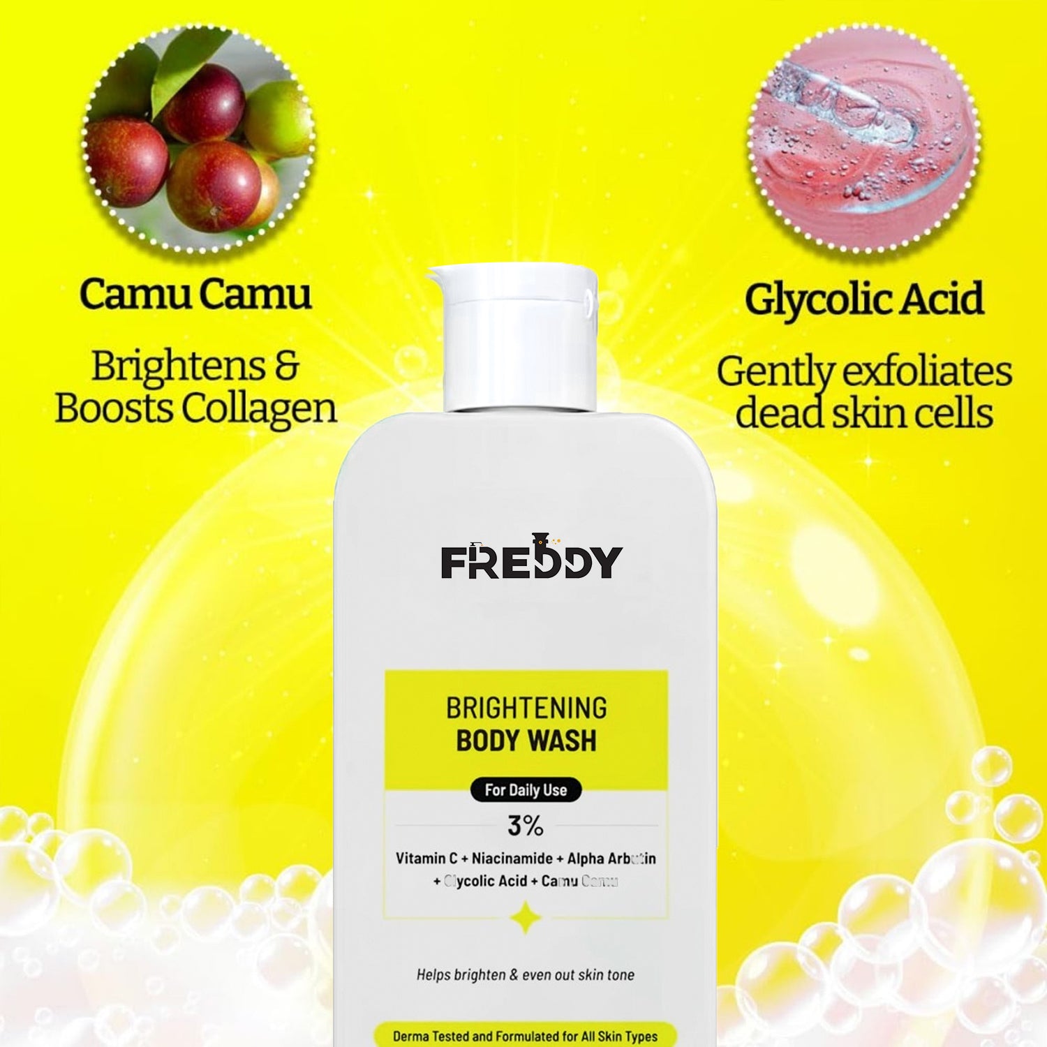 FREDDY Brightening Body Wash With 2% Vitamin C + Niacinamide With Alpha Arbutin & Camu Camu For Men & Women (250 MI