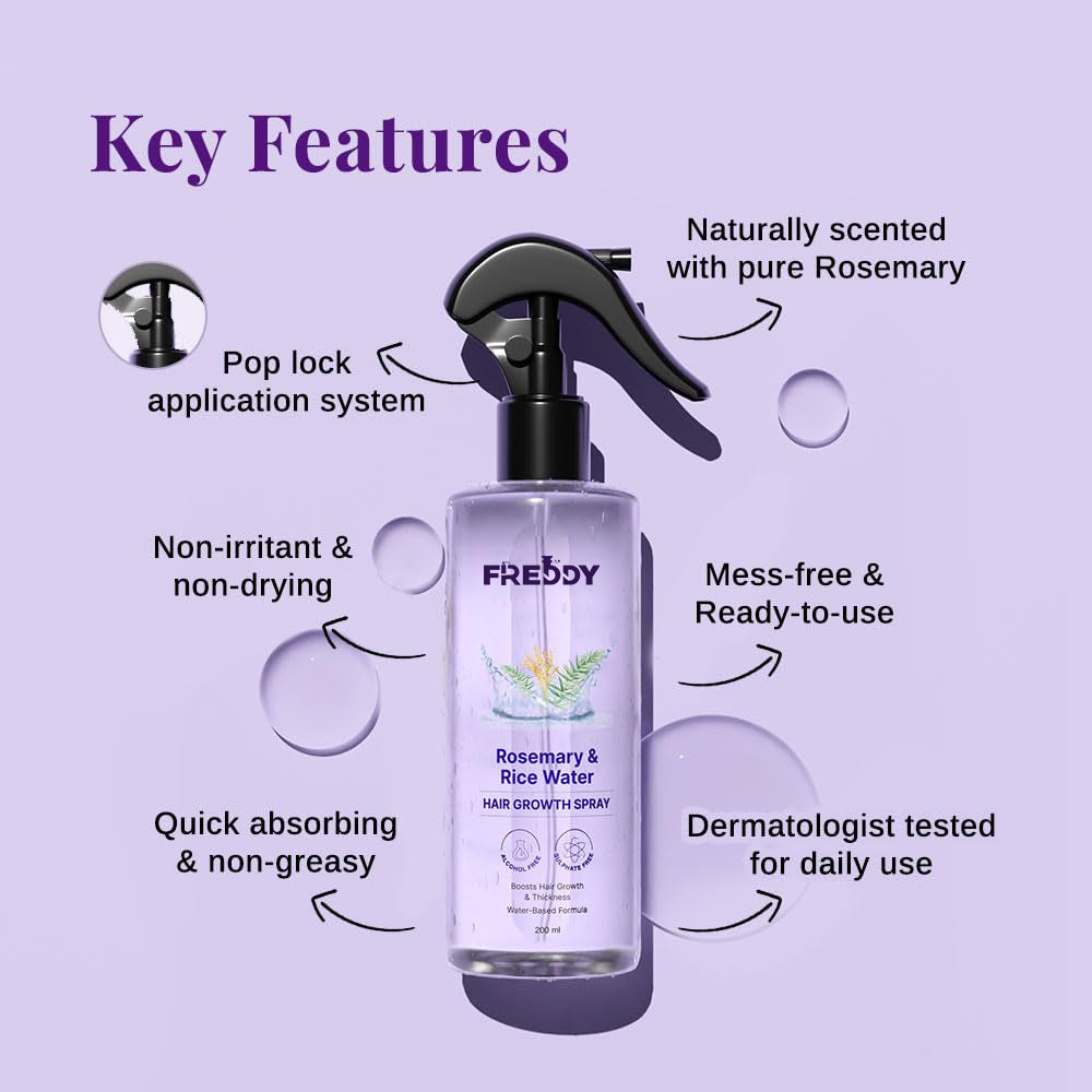 FREDDY Rosemary Water Spray for Hair Growth, Thickness & Hairfall Control, 100% Natural Hair Spray (200 ml)