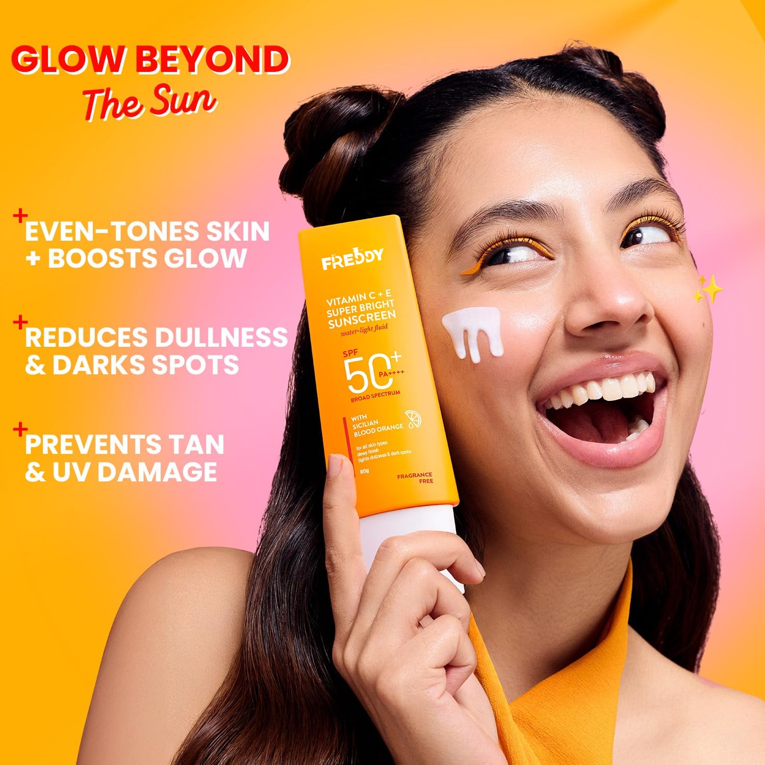 Freddy Vitamin C + E Super Bright Sunscreen SPF 50 PA++++ Water-Light, No White Cast, UVA/UVB + Blue Light Protection For Glowing, Even-Toned Skin (50 MI)