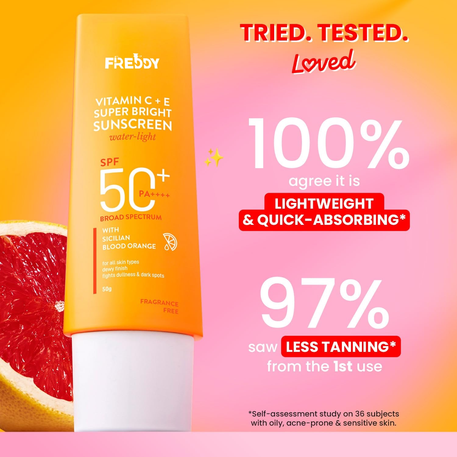 Freddy Vitamin C + E Super Bright Sunscreen SPF 50 PA++++ Water-Light, No White Cast, UVA/UVB + Blue Light Protection For Glowing, Even-Toned Skin (50 MI)