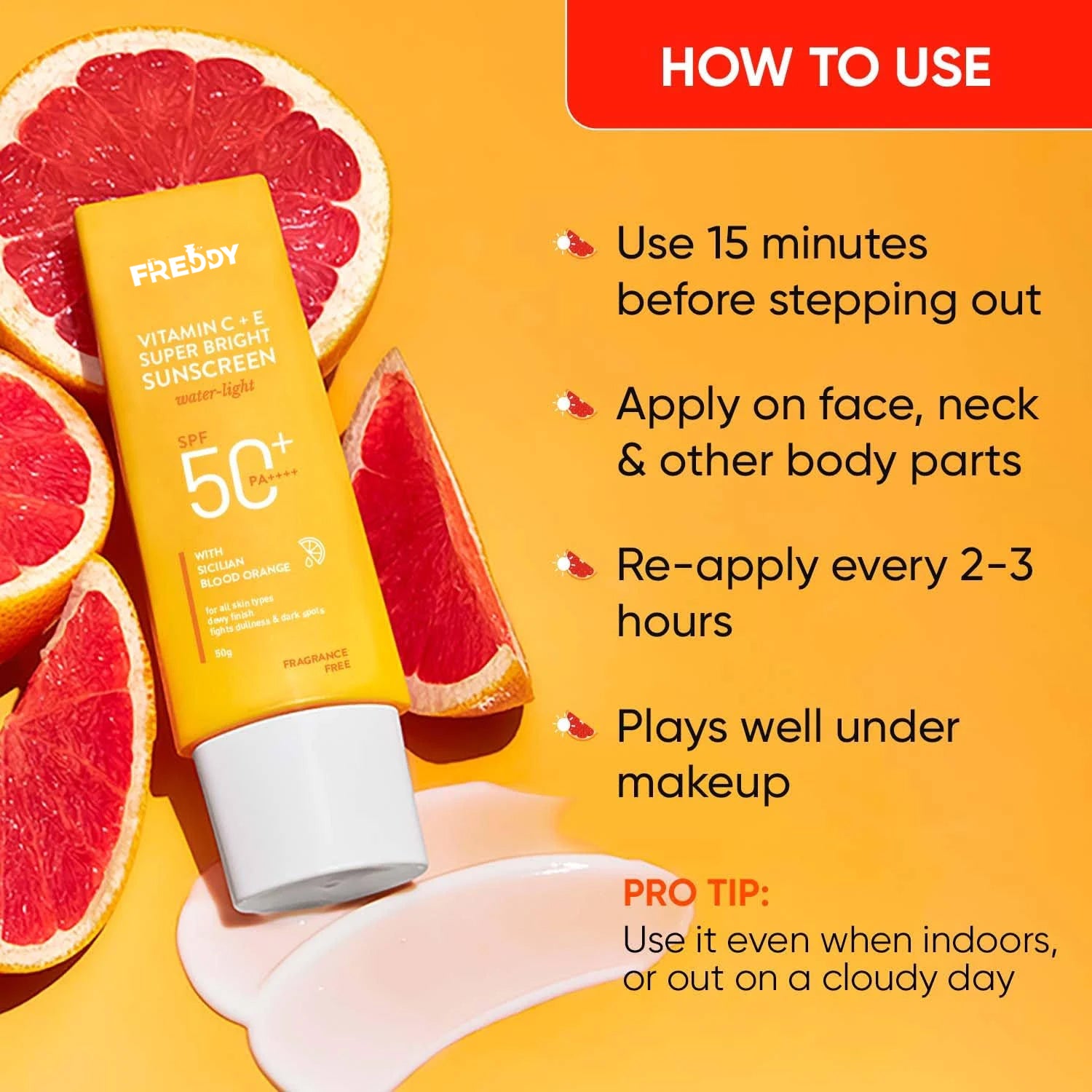 Freddy Vitamin C + E Super Bright Sunscreen SPF 50 PA++++ Water-Light, No White Cast, UVA/UVB + Blue Light Protection For Glowing, Even-Toned Skin (50 MI)